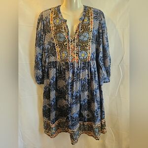 Tatienne Blue Boho Floral Peasant Mini Dress Embroidered Yoke Long Sleeve Size L